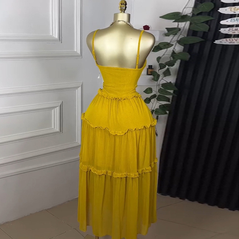 European and American Cross border Women's Clothing 2025 Summer New Style Vacation Style Waist Collection Ear Ear Edge Large Swing Skirt Strap Dress European and American Cross border Women's Clothing 2025 Summer New Style Vacation Style Waist Collection Ear Ear Edge Large Swing Skirt Strap Dress