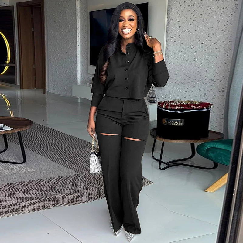 Spot foreign trade European and American women's clothing 2024 spring new style temperament lapel long sleeved shirt wide leg pants casual suit Spot foreign trade European and American women's clothing 2024 spring new style temperament lapel long sleeved shirt wide leg pants casual suit