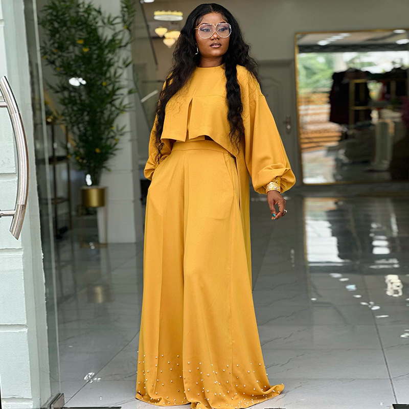 European and American cross-border women's clothing 2025 spring/summer new round neck irregular lantern sleeve top nail bead wide leg pants set European and American cross-border women's clothing 2025 spring/summer new round neck irregular lantern sleeve top nail bead wide leg pants set