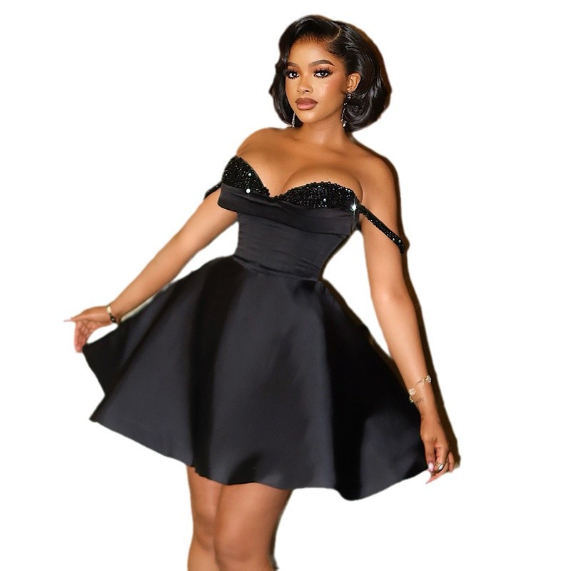 European and American women's clothing 2025 spring new style elegant temperament sequin splicing strapless suspender evening dress short dress European and American women's clothing 2025 spring new style elegant temperament sequin splicing strapless suspender evening dress short dress