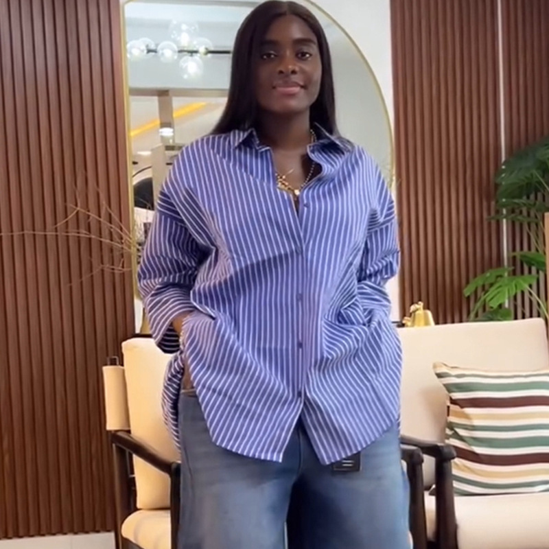 European and American cross-border women's clothing 2025 summer new fashion blue striped long sleeved shirt loose slimming long sleeved top European and American cross-border women's clothing 2025 summer new fashion blue striped long sleeved shirt loose slimming long sleeved top