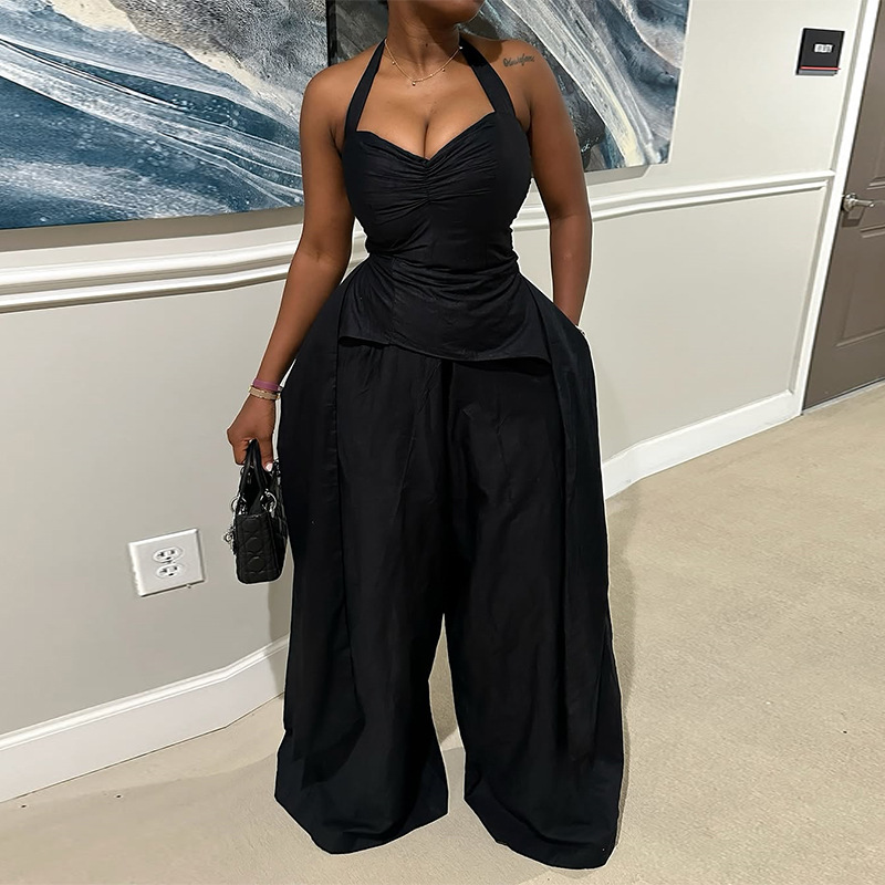 European and American cross-border women's clothing 2025 summer sexy hanging neck V-neck irregular sleeveless high waisted ribbon jumpsuit pants European and American cross-border women's clothing 2025 summer sexy hanging neck V-neck irregular sleeveless high waisted ribbon jumpsuit pants