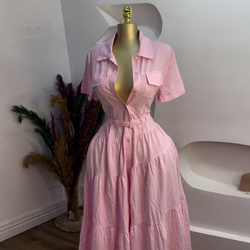 European and American Cross border Women's Clothing 2025 Summer New Style Fashion Collar Short Sleeve Buckle Belt A-line Shirt Dress European and American Cross border Women's Clothing 2025 Summer New Style Fashion Collar Short Sleeve Buckle Belt A-line Shirt Dress