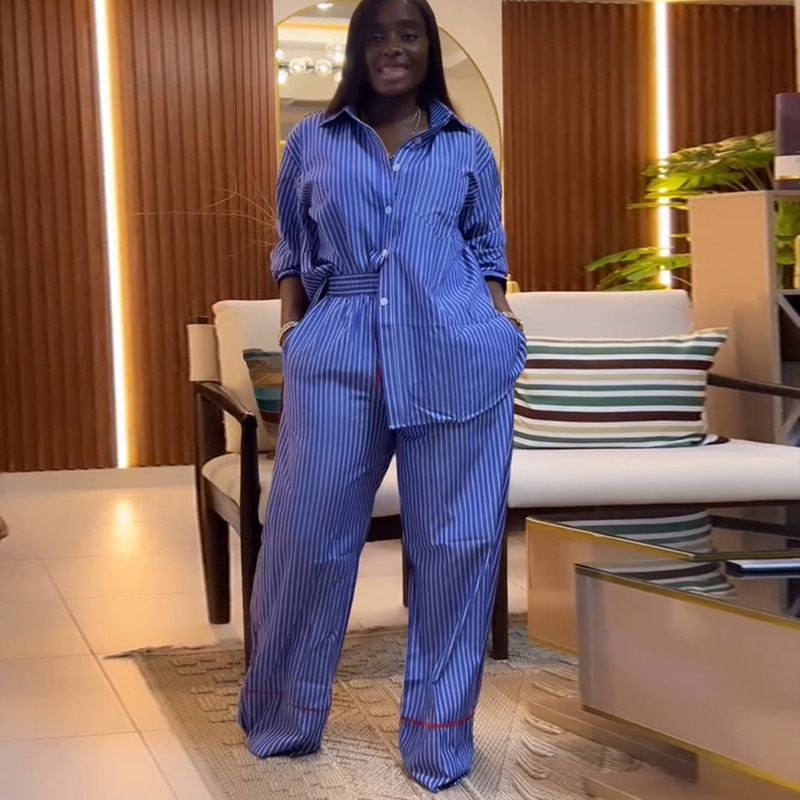 European and American Cross border African Women's Clothing 2025 Summer New Fashion Collar Loose Striped Shirt Wide Leg Pants Set European and American Cross border African Women's Clothing 2025 Summer New Fashion Collar Loose Striped Shirt Wide Leg Pants Set