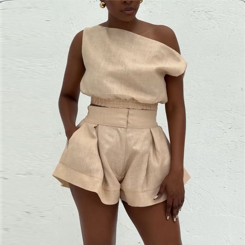 European and American women's clothing 2025 summer new sweet and fresh one neck off shoulder shirt high waist wide leg shorts two-piece set