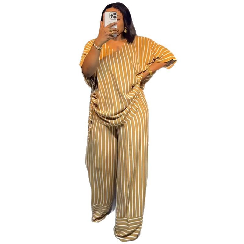 European and American cross-border women's clothing 2025 summer new casual loose V-neck striped short sleeved top wide leg pants set European and American cross-border women's clothing 2025 summer new casual loose V-neck striped short sleeved top wide leg pants set