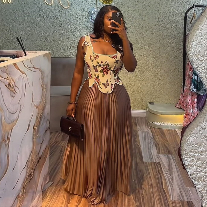 European and American women's clothing 2025 summer new sweet and fresh printed waist collection vest high waist half body pleated skirt two-piece set