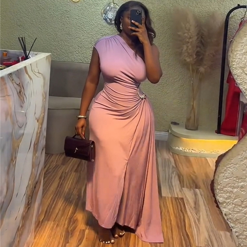 European and American cross-border women's clothing 2025 summer new style temperament slanted collar pleated diamond inlaid waist irregular long dress