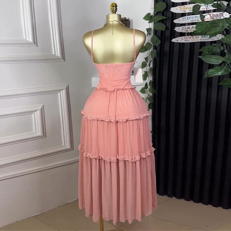 European and American Cross border Women's Clothing 2025 Summer New Style Vacation Style Waist Collection Ear Ear Edge Large Swing Skirt Strap Dress European and American Cross border Women's Clothing 2025 Summer New Style Vacation Style Waist Collection Ear Ear Edge Large Swing Skirt Strap Dress