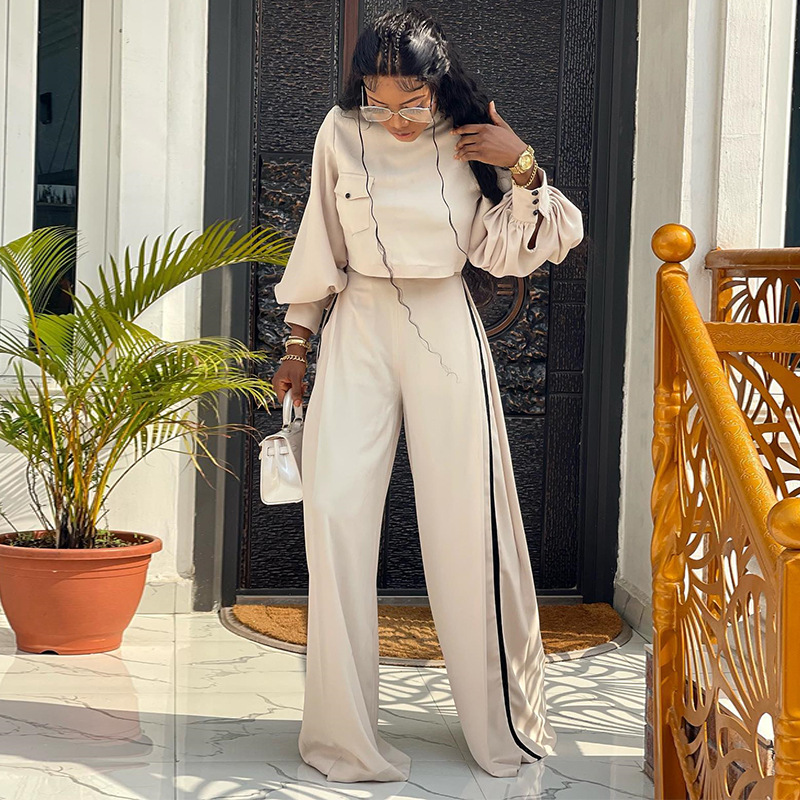 Spot European and American women's clothing 2025 summer new style plus size loose half high collar long sleeved top wide leg pants casual set Spot European and American women's clothing 2025 summer new style plus size loose half high collar long sleeved top wide leg pants casual set