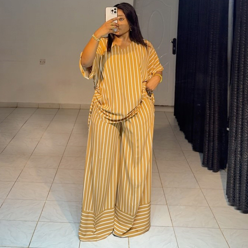 European and American cross-border women's clothing 2025 summer new casual loose V-neck striped short sleeved top wide leg pants set