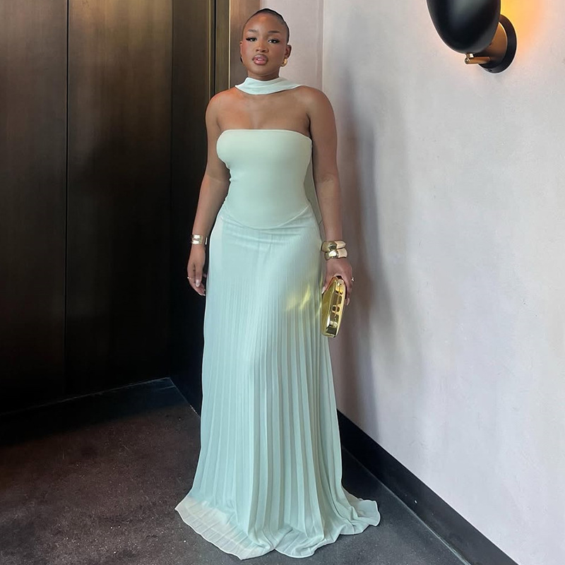 European and American cross-border women's clothing 2025 summer new sweet and fresh strapless high waist slimming pleated dress long skirt