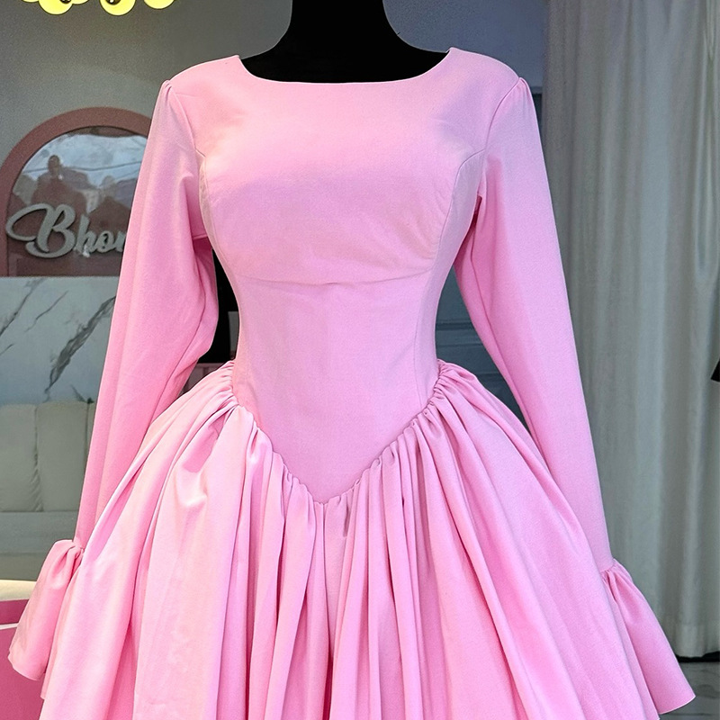 European and American women's clothing 2025 spring new style elegant round neck long sleeved strap tied high waisted A-line dress European and American women's clothing 2025 spring new style elegant round neck long sleeved strap tied high waisted A-line dress