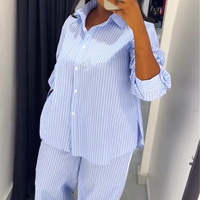 European and American cross-border women's clothing 2025 summer new blue striped loose long sleeved shirt wide leg pants casual set European and American cross-border women's clothing 2025 summer new blue striped loose long sleeved shirt wide leg pants casual set