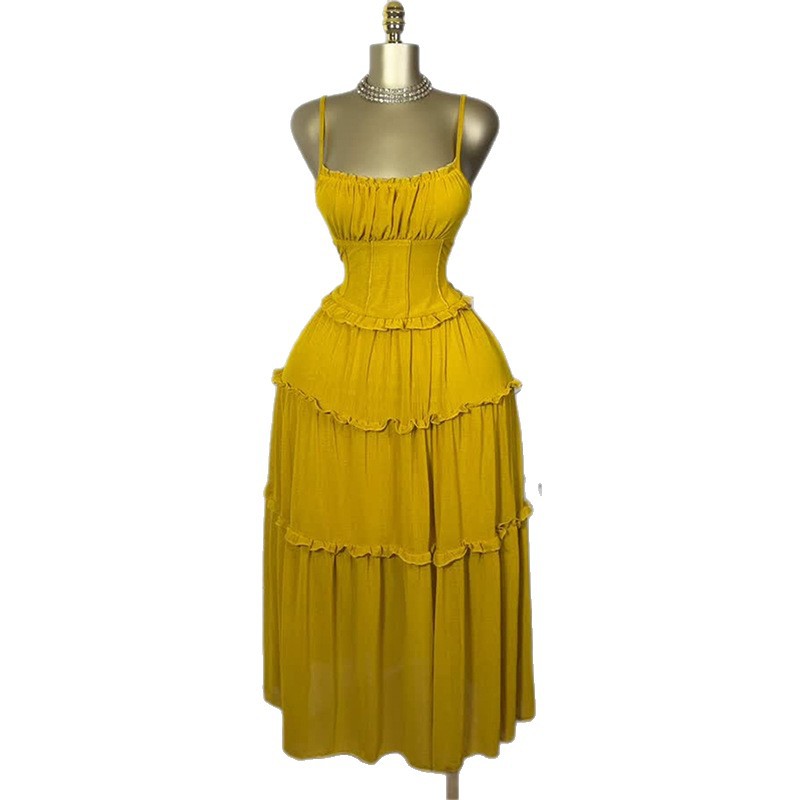 European and American Cross border Women's Clothing 2025 Summer New Style Vacation Style Waist Collection Ear Ear Edge Large Swing Skirt Strap Dress European and American Cross border Women's Clothing 2025 Summer New Style Vacation Style Waist Collection Ear Ear Edge Large Swing Skirt Strap Dress