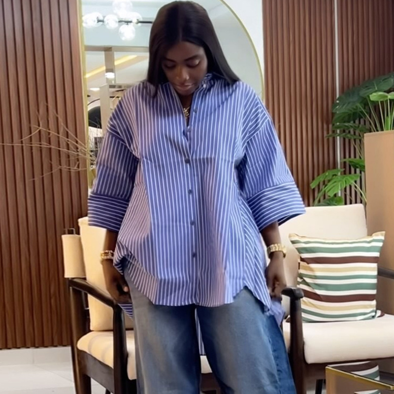 European and American cross-border women's clothing 2025 summer new fashion blue striped long sleeved shirt loose slimming long sleeved top European and American cross-border women's clothing 2025 summer new fashion blue striped long sleeved shirt loose slimming long sleeved top