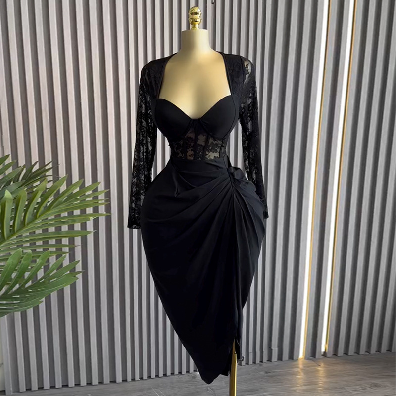 European and American women's clothing 2025 spring new style elegant square collar lace long sleeved high waist slimming mid length dress European and American women's clothing 2025 spring new style elegant square collar lace long sleeved high waist slimming mid length dress