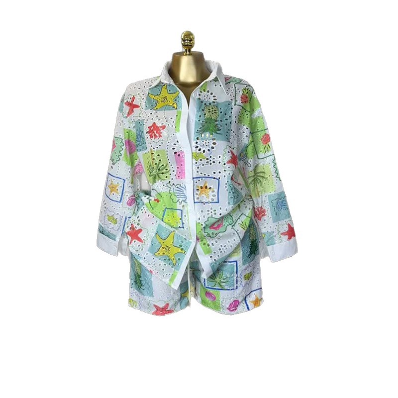 European and American cross-border women's clothing 2025 summer new fashionable printed hollow collar long sleeved shirt shorts casual set European and American cross-border women's clothing 2025 summer new fashionable printed hollow collar long sleeved shirt shorts casual set