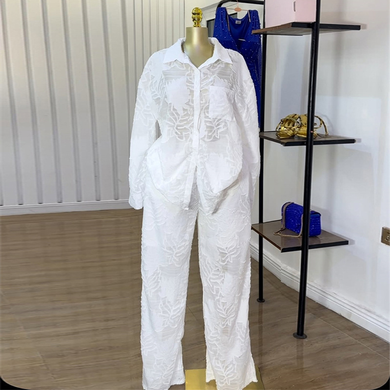 European and American women's clothing 2025 summer new sweet and fresh lapel patch pocket long sleeved shirt high waist straight leg pants two-piece set European and American women's clothing 2025 summer new sweet and fresh lapel patch pocket long sleeved shirt high waist straight leg pants two-piece set