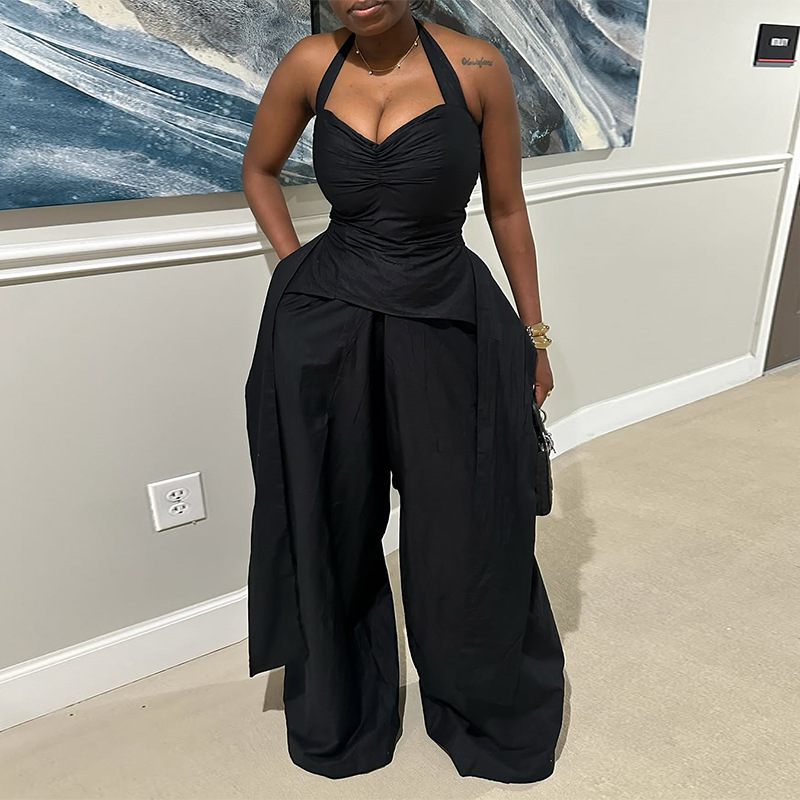 European and American cross-border women's clothing 2025 summer sexy hanging neck V-neck irregular sleeveless high waisted ribbon jumpsuit pants European and American cross-border women's clothing 2025 summer sexy hanging neck V-neck irregular sleeveless high waisted ribbon jumpsuit pants