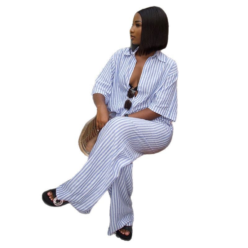 European and American cross-border women's clothing 2025 summer new casual lapel three quarter sleeve striped shirt high waisted pants two-piece set European and American cross-border women's clothing 2025 summer new casual lapel three quarter sleeve striped shirt high waisted pants two-piece set