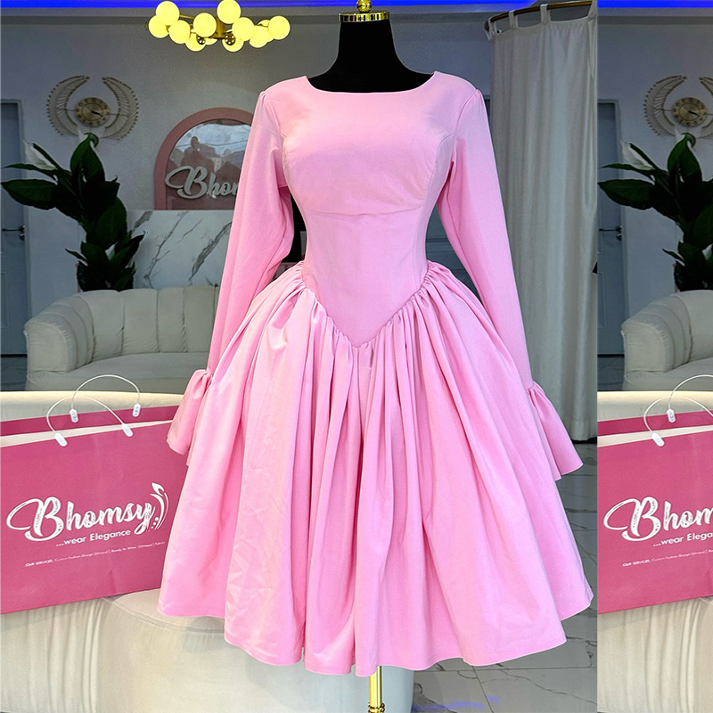 European and American women's clothing 2025 spring new style elegant round neck long sleeved strap tied high waisted A-line dress European and American women's clothing 2025 spring new style elegant round neck long sleeved strap tied high waisted A-line dress