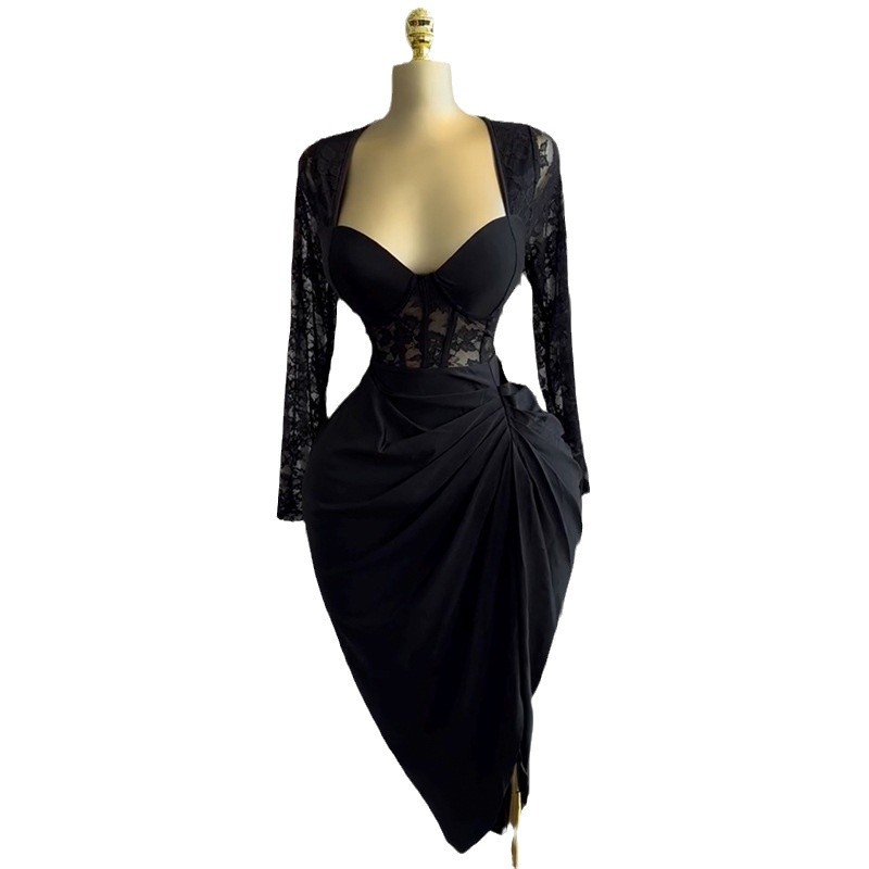 European and American women's clothing 2025 spring new style elegant square collar lace long sleeved high waist slimming mid length dress European and American women's clothing 2025 spring new style elegant square collar lace long sleeved high waist slimming mid length dress