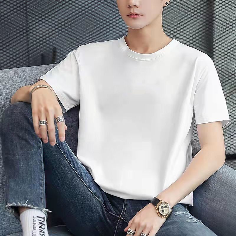 2024 Summer T-shirt Men's Versatile Casual Heavy Short Sleeve Solid Color White Loose Bottom Shirt Top T-shirt Trendy Brand