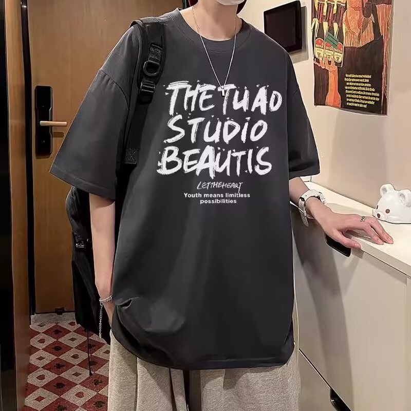 2025 heavyweight short sleeved T-shirt for men, summer trendy brand, loose fitting men's clothing, American plus size student T-shirt 2025 heavyweight short sleeved T-shirt for men, summer trendy brand, loose fitting men's clothing, American plus size student T-shirt