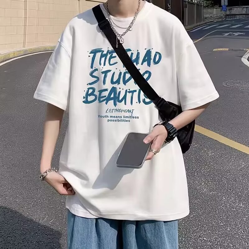 2025 heavyweight short sleeved T-shirt for men, summer trendy brand, loose fitting men's clothing, American plus size student T-shirt 2025 heavyweight short sleeved T-shirt for men, summer trendy brand, loose fitting men's clothing, American plus size student T-shirt