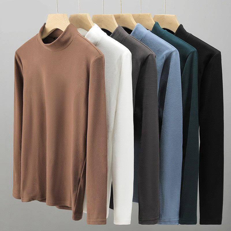 Men's autumn and winter German velvet long sleeved warm inner layer double-sided velvet half high neck mid neck slim fit top solid color base shirt