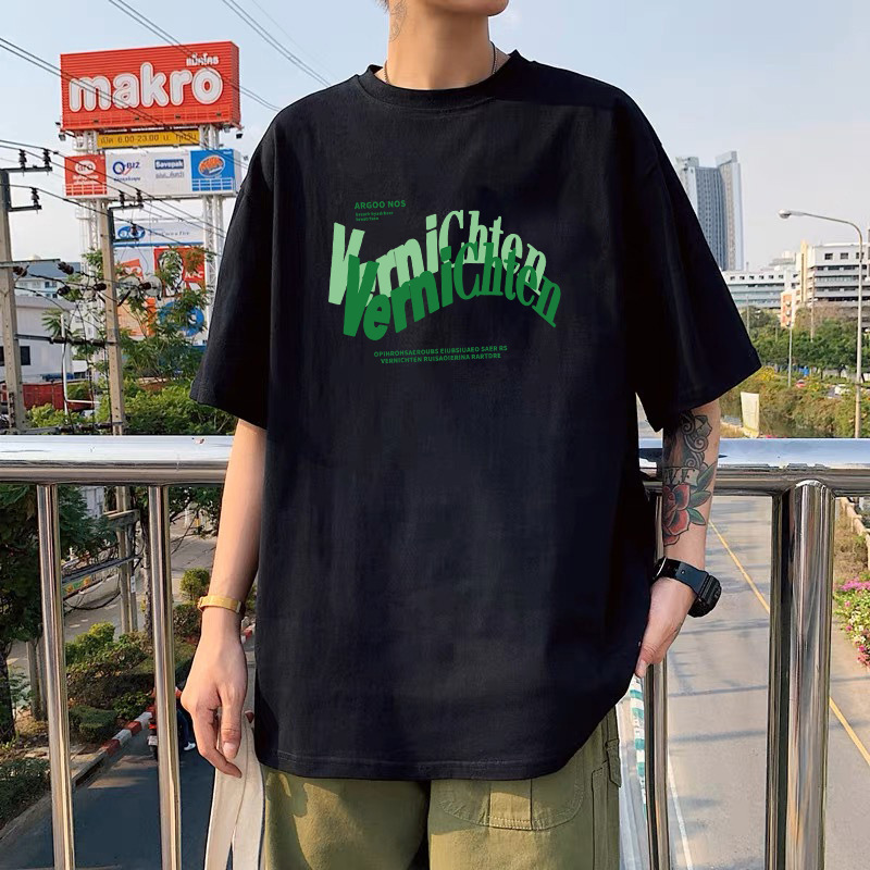 Hong Kong style letter black ice silk couple style unisex round neck short sleeved T-shirt men's trendy versatile casual clothes Hong Kong style letter black ice silk couple style unisex round neck short sleeved T-shirt men's trendy versatile casual clothes