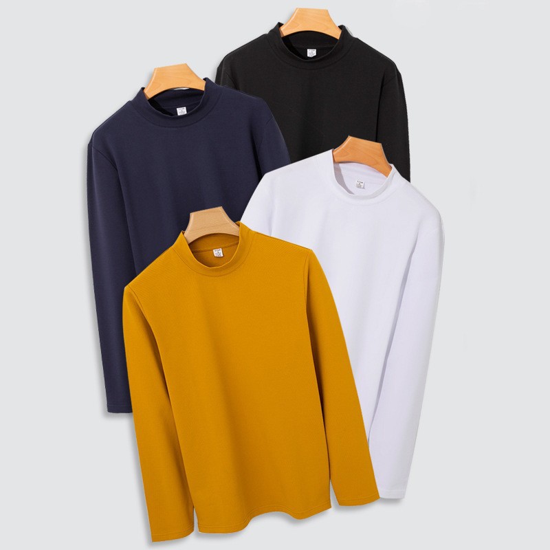 High quality German velvet semi high neck long sleeved T-shirt for men in autumn and winter, with solid color short sleeved top underneath, men's clothing for men