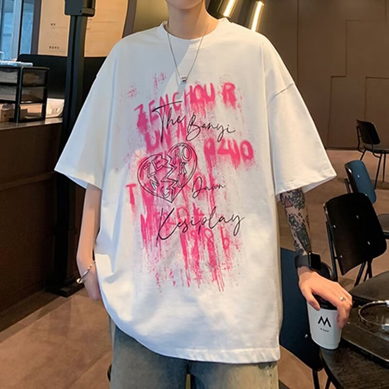 2025 heavyweight short sleeved T-shirt for men, summer trendy brand, loose fitting men's clothing, American plus size student T-shirt 2025 heavyweight short sleeved T-shirt for men, summer trendy brand, loose fitting men's clothing, American plus size student T-shirt