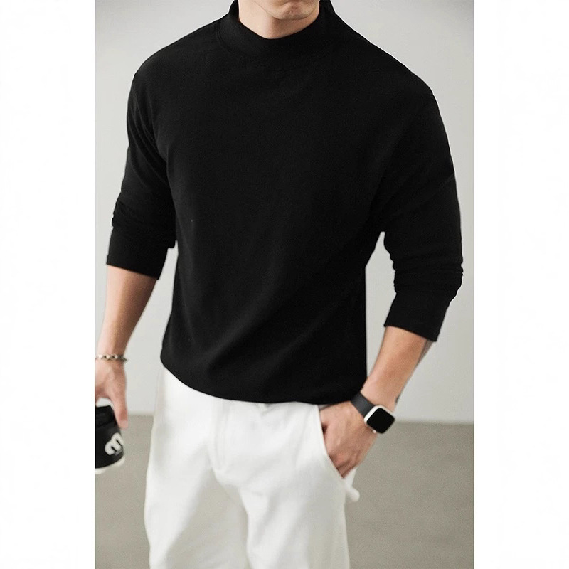 New autumn and winter German fleece hoodie for men, windproof collar, round neck, long sleeved T-shirt, warm base shirt, simple men's long sleeved shirt