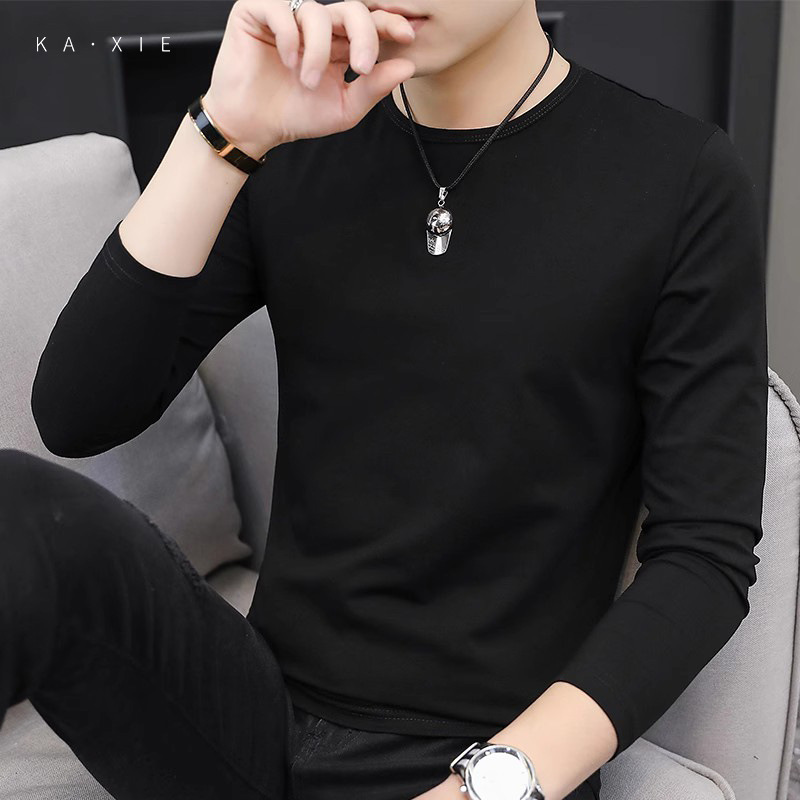 2024 autumn and winter milk silk long sleeved T-shirt for men, round neck trendy solid color upper garment, spring and autumn base shirt, inner layer