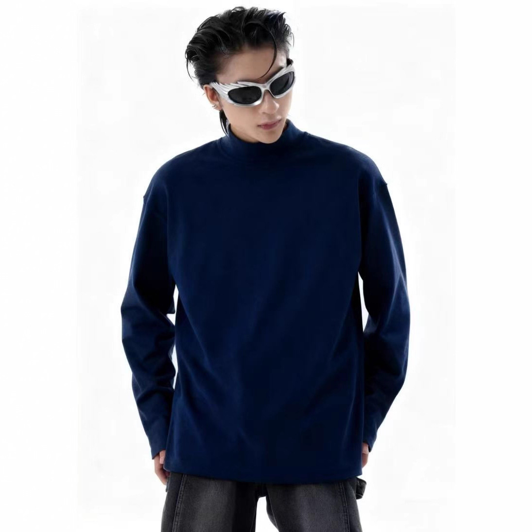 Autumn and winter 7A antibacterial velvet base shirt new men's thick hoodie jasmine floral semi high neck long sleeved T-shirt