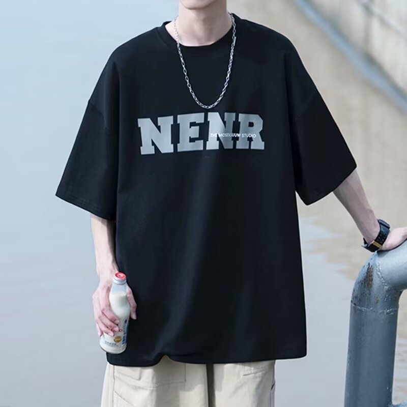 2025 heavyweight short sleeved T-shirt for men, summer trendy brand, loose fitting men's clothing, American plus size student T-shirt