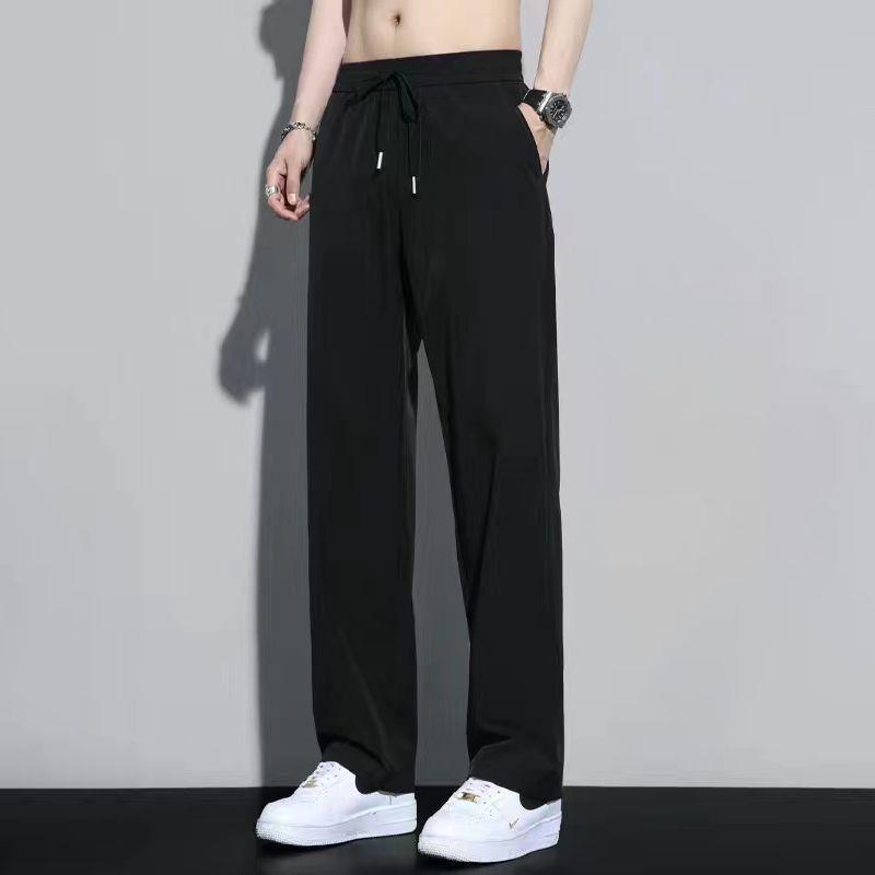 Ice silk pants for men in summer, thin fit, loose straight leg, hanging feeling, Western pants, elastic waist, quick drying, sports and casual pants