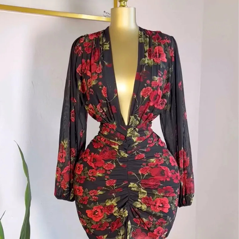 Spot European and American Cross border 2025 Spring and Autumn New Style Elegant Dress Women's Waist Lantern Sleeve Printed Long Dress Spot European and American Cross border 2025 Spring and Autumn New Style Elegant Dress Women's Waist Lantern Sleeve Printed Long Dress