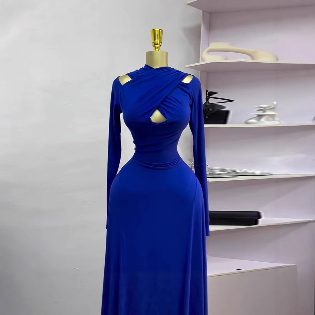 In stock 2025 new cross-border European and American long sleeved hollow dress with elegant temperament, slim and high elastic long skirt In stock 2025 new cross-border European and American long sleeved hollow dress with elegant temperament, slim and high elastic long skirt