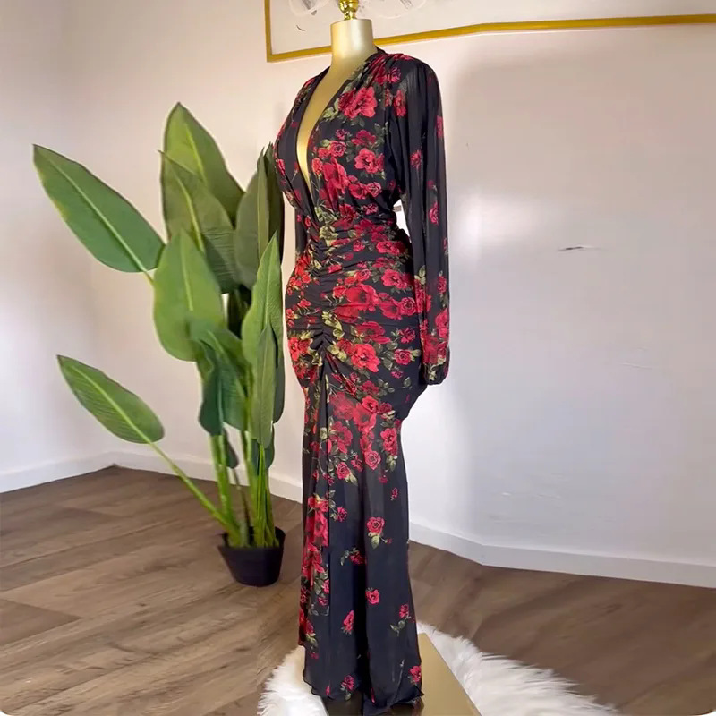 Spot European and American Cross border 2025 Spring and Autumn New Style Elegant Dress Women's Waist Lantern Sleeve Printed Long Dress Spot European and American Cross border 2025 Spring and Autumn New Style Elegant Dress Women's Waist Lantern Sleeve Printed Long Dress