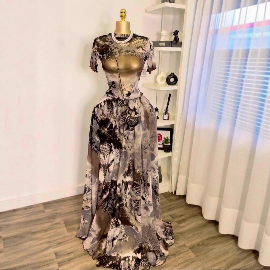 Spot 2025 Cross border European and American Women's Printed Mesh Perspective Top Half length Long Skirt Short Sleeve Autumn 2-piece Set Skirt Spot 2025 Cross border European and American Women's Printed Mesh Perspective Top Half length Long Skirt Short Sleeve Autumn 2-piece Set Skirt