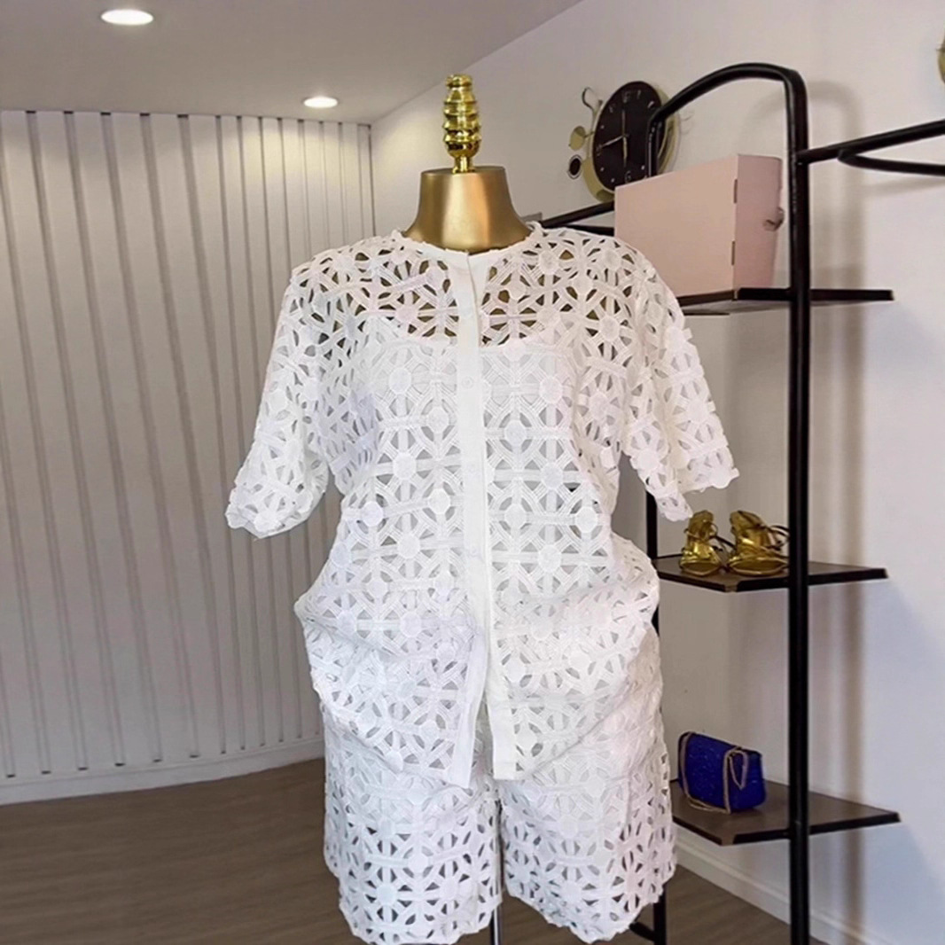 Spot 2025 European and American Cross border Women's Fashion Round Neck Hollow Short Sleeve Shirt Wide Leg Shorts Casual 2-piece Set Spot 2025 European and American Cross border Women's Fashion Round Neck Hollow Short Sleeve Shirt Wide Leg Shorts Casual 2-piece Set