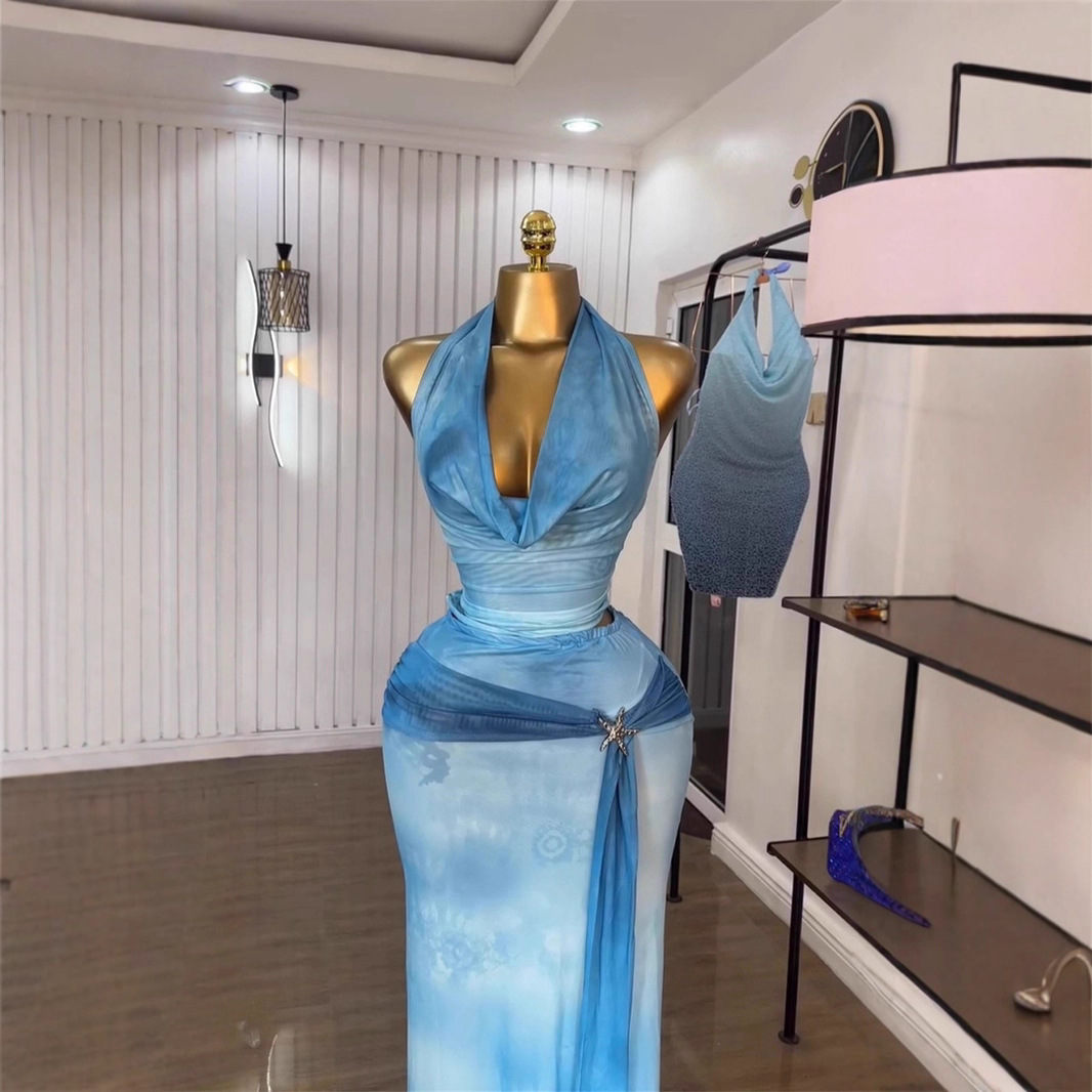 Spot cross-border 2025 summer European and American sexy hanging neck collar backless vest tie dye printed skirt 2-piece set Spot cross-border 2025 summer European and American sexy hanging neck collar backless vest tie dye printed skirt 2-piece set