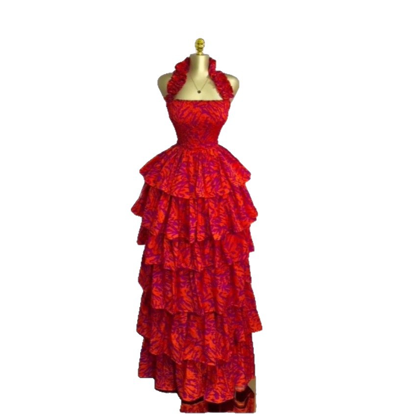 Spot European and American cross-border women's clothing 2025 temperament hanging neck detachable backless beach skirt lotus leaf edge cake long dress Spot European and American cross-border women's clothing 2025 temperament hanging neck detachable backless beach skirt lotus leaf edge cake long dress