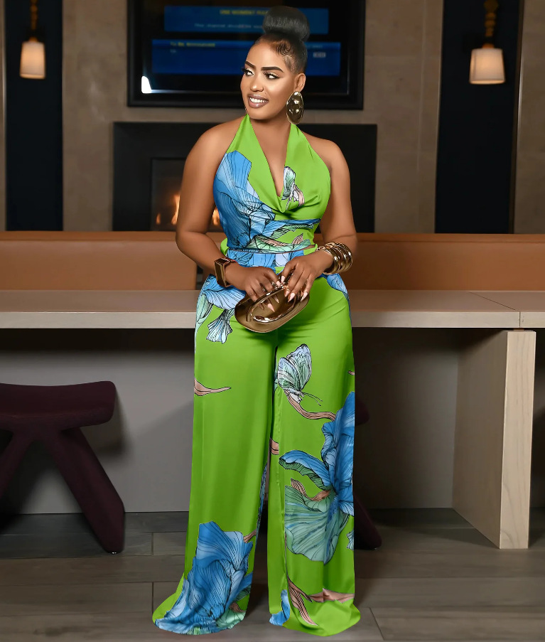 Spot 2025 Cross border European and American Style Commuter Hanging Neck, Bareback Printed Sleeveless White Top, Wide Leg Pants 2-piece Set Spot 2025 Cross border European and American Style Commuter Hanging Neck, Bareback Printed Sleeveless White Top, Wide Leg Pants 2-piece Set