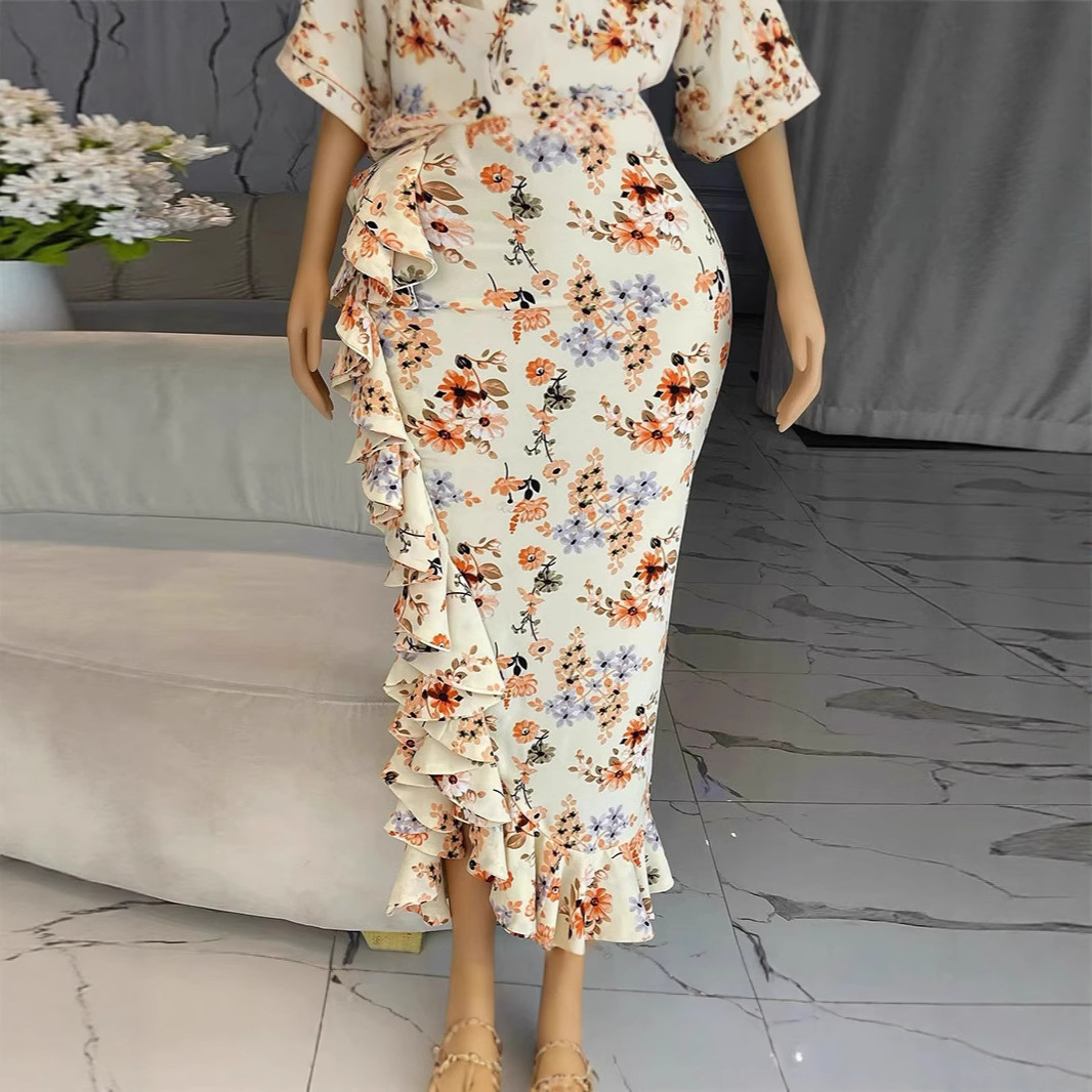 Spot European and American women's clothing 2025 summer palace style lotus leaf edge sweet and fresh printed bubble sleeves high waisted dress Spot European and American women's clothing 2025 summer palace style lotus leaf edge sweet and fresh printed bubble sleeves high waisted dress
