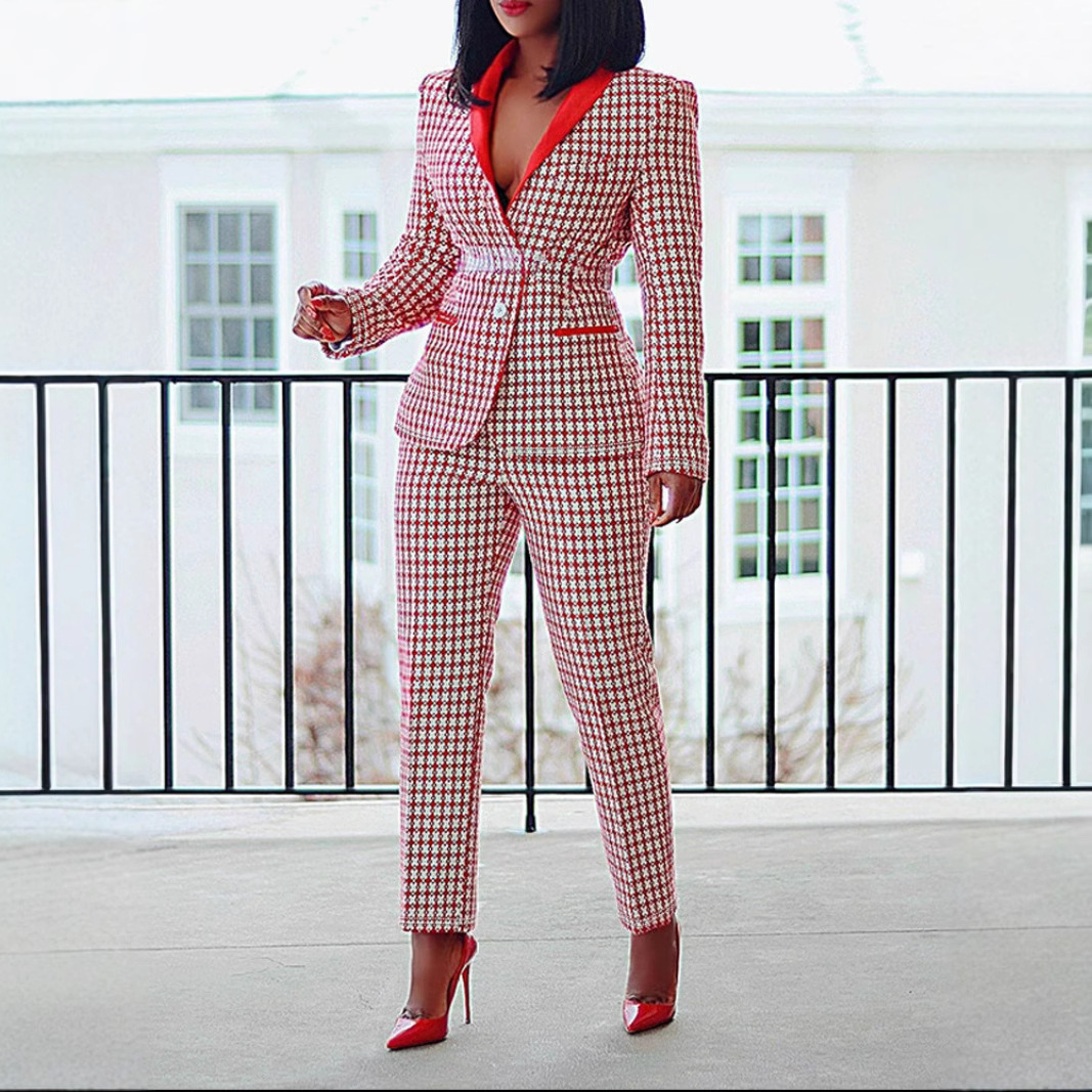Spot 2025 Cross border European and American Women's Checkered Commuter Set Long Sleeve Suit Coat+Pants Two Piece Set