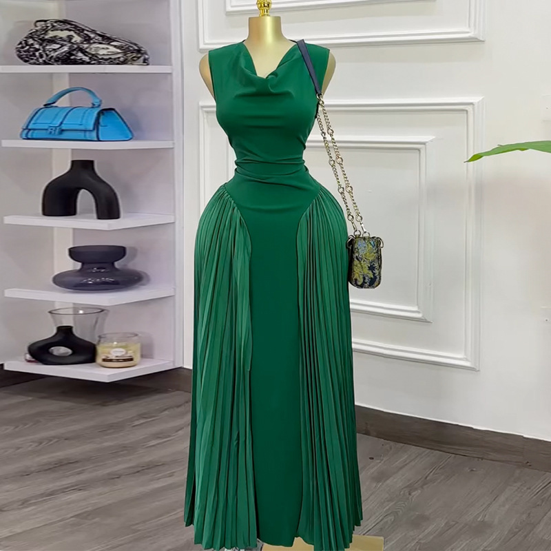 In stock 2025 cross-border European and American sleeveless summer new product temperament splicing pleated elegant slim fit dress long skirt In stock 2025 cross-border European and American sleeveless summer new product temperament splicing pleated elegant slim fit dress long skirt
